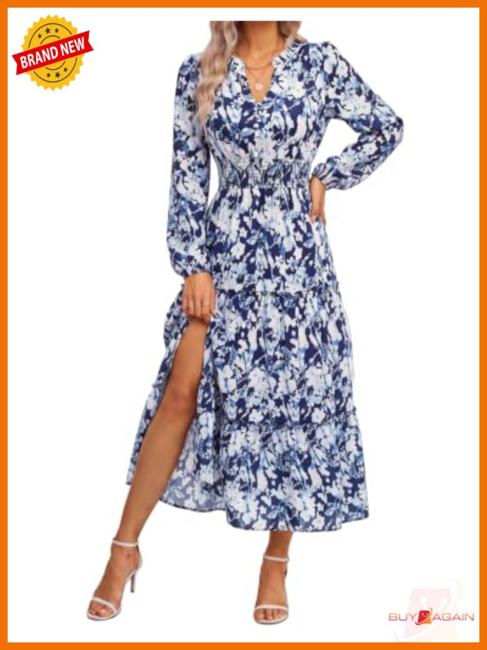 Women's Floral Maxi Dress Long Sleeve V Neck A Line Flowy with Pockets